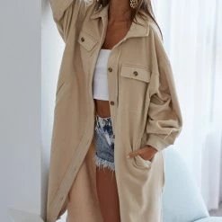 Purple Door Boutique Better With Fleece Long Oatmeal Jacket