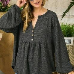 Purple Door Boutique Textured Knit Black Peplum Top New Arrivals