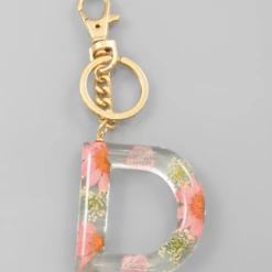 Purple Door Boutique Initial Pink Floral Pressed Keychain