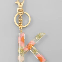 Purple Door Boutique Initial Pink Floral Pressed Keychain