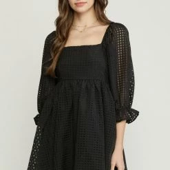 Purple Door Boutique Grid Print Black Babydoll Dress