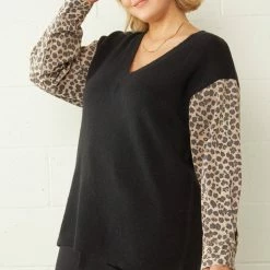 Purple Door Boutique Ladies' Leopard Print Denim Black Sweater