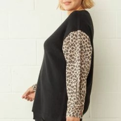 Purple Door Boutique Ladies' Leopard Print Denim Black Sweater