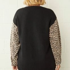 Purple Door Boutique Ladies' Leopard Print Denim Black Sweater