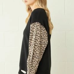 Purple Door Boutique Ladies' Leopard Print Denim Black Sweater