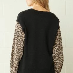 Purple Door Boutique Ladies' Leopard Print Denim Black Sweater
