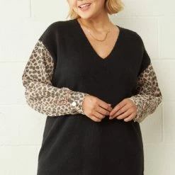 Purple Door Boutique Ladies' Leopard Print Denim Black Sweater