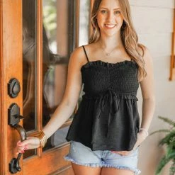 Purple Door Boutique Black Ruffle Smocked Tank Top