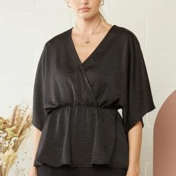 Purple Door Boutique Black Satin Surplice Peplum Top Summer SALE