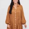 Purple Door Boutique Caramel Shimmer Tiered Mini Dress