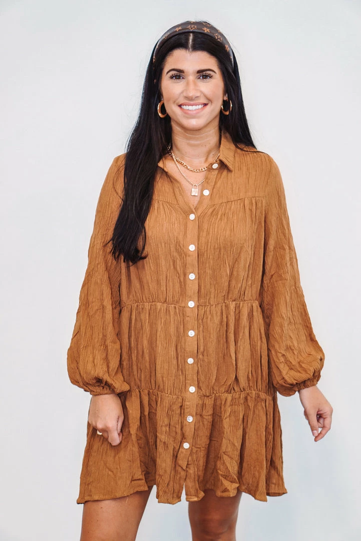 Purple Door Boutique Caramel Shimmer Tiered Mini Dress 1 Purple Door Boutique Caramel Shimmer Tiered Mini Dress