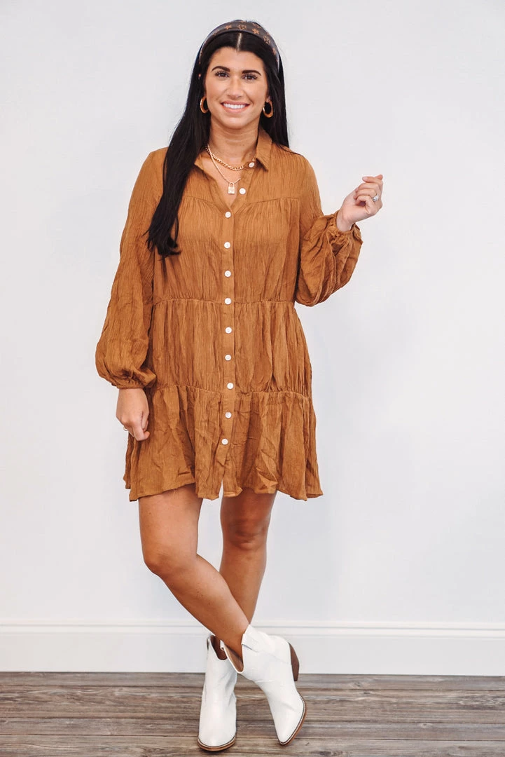 Purple Door Boutique Caramel Shimmer Tiered Mini Dress 2 Purple Door Boutique Caramel Shimmer Tiered Mini Dress