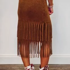 Purple Door Boutique Summer SALE Cowgirl Dreams Camel Color Fringe Midi Skirt