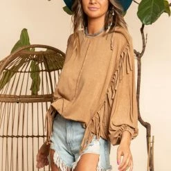 Purple Door Boutique Camel Color Fringe Dolman Top Ladies'