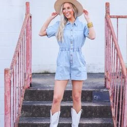 Purple Door Boutique Ladies' Chambray Days Light Blue Romper