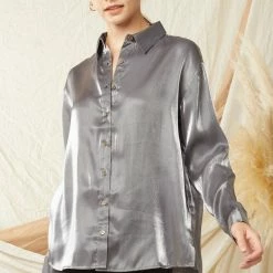 Purple Door Boutique Iridescent Satin Charcoal Top