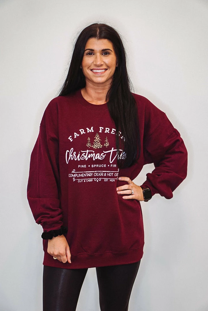 Purple Door Boutique Ladies' Christmas Tree Burgundy Graphic Sweatshirt 1 Purple Door Boutique Ladies' Christmas Tree Burgundy Graphic Sweatshirt
