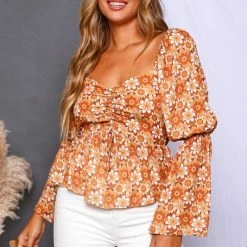 Purple Door Boutique Retro Floral Mustard Peplum Top New Arrivals