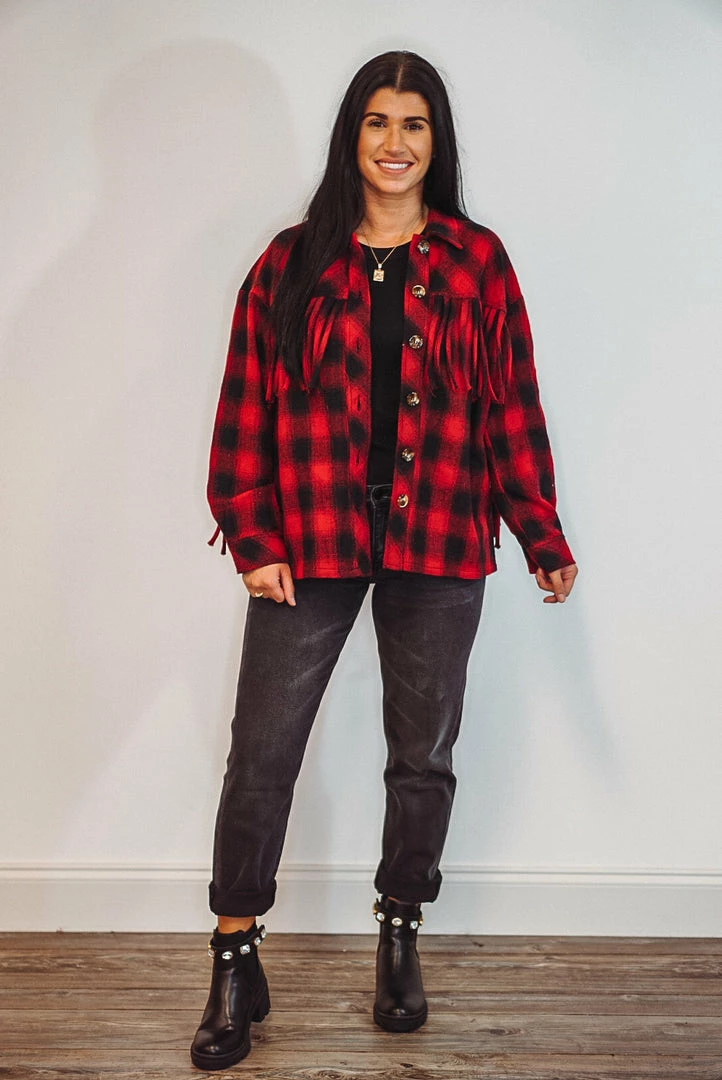 Purple Door Boutique Red Buffalo Plaid Fringe Jacket Ladies' 2 Purple Door Boutique Red Buffalo Plaid Fringe Jacket Ladies'