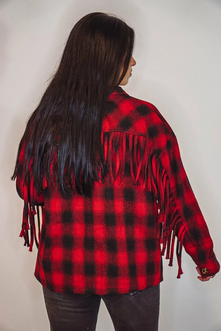 Purple Door Boutique Red Buffalo Plaid Fringe Jacket Ladies' 5 Purple Door Boutique Red Buffalo Plaid Fringe Jacket Ladies'