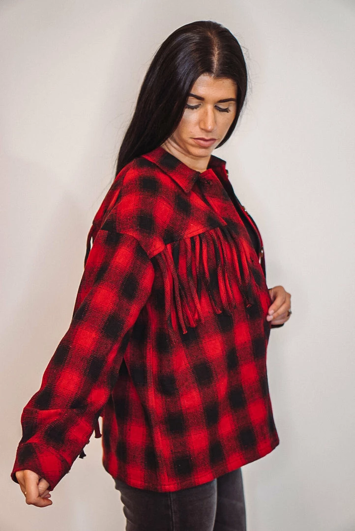 Purple Door Boutique Red Buffalo Plaid Fringe Jacket Ladies' 4 Purple Door Boutique Red Buffalo Plaid Fringe Jacket Ladies'