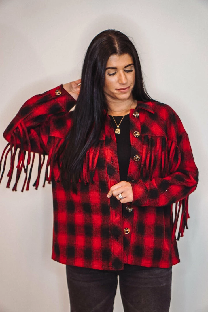 Purple Door Boutique Red Buffalo Plaid Fringe Jacket Ladies' 3 Purple Door Boutique Red Buffalo Plaid Fringe Jacket Ladies'