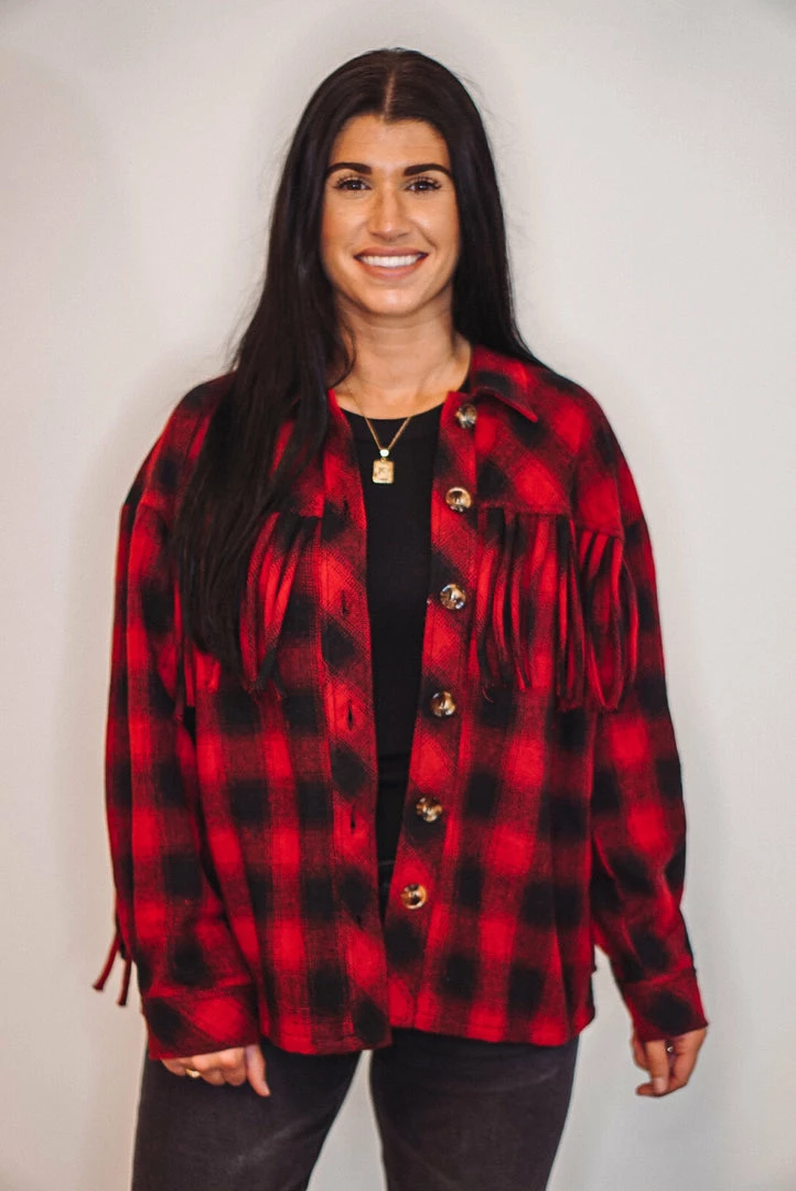 Purple Door Boutique Red Buffalo Plaid Fringe Jacket Ladies' 1 Purple Door Boutique Red Buffalo Plaid Fringe Jacket Ladies'