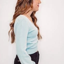 Purple Door Boutique Light Blue Heart Neckline Sweater New Arrivals