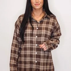 Purple Door Boutique New Arrivals Classically Flannel Coffee Plaid Top