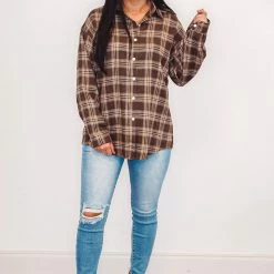 Purple Door Boutique New Arrivals Classically Flannel Coffee Plaid Top