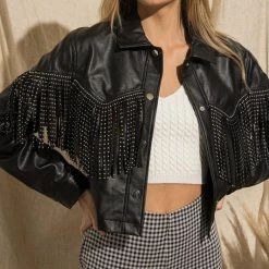 Purple Door Boutique Black Studded Fringe Leather Jacket