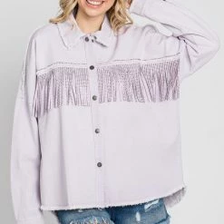 Purple Door Boutique Rhinestone Fringe Lilac Twill Jacket