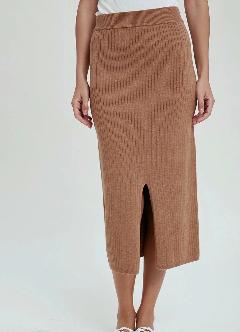 Purple Door Boutique Ladies' Mocha Ribbed Knit Midi Skirt 1 Purple Door Boutique Ladies' Mocha Ribbed Knit Midi Skirt