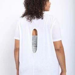 Mono B Athleisure Mono B Striped White Mesh Top