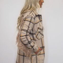 Purple Door Boutique New Arrivals Fringe Life Khaki Plaid Shacket