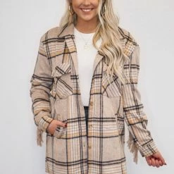 Purple Door Boutique New Arrivals Fringe Life Khaki Plaid Shacket