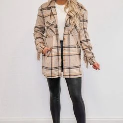 Purple Door Boutique New Arrivals Fringe Life Khaki Plaid Shacket