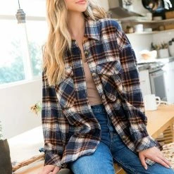 Purple Door Boutique Ladies' Navy And Brown Plaid Shacket