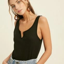 Purple Door Boutique Notch Waffle Black Tank Top Ladies'