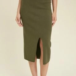 Purple Door Boutique Ladies' Olive Ribbed Knit Midi Skirt