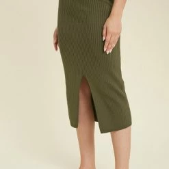 Purple Door Boutique Ladies' Olive Ribbed Knit Midi Skirt 6 Purple Door Boutique Ladies' Olive Ribbed Knit Midi Skirt