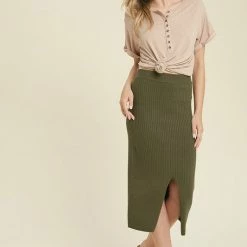 Purple Door Boutique Ladies' Olive Ribbed Knit Midi Skirt