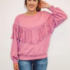 Purple Door Boutique Mauve Fringe Terry Knit Pullover