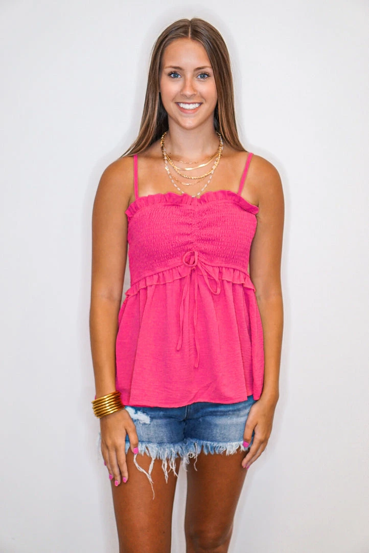 Purple Door Boutique New Arrivals Fuchsia Ruffle Smocked Tank Top 1 Purple Door Boutique New Arrivals Fuchsia Ruffle Smocked Tank Top