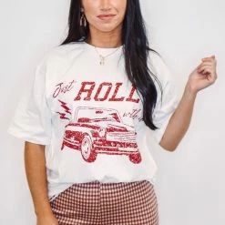 Purple Door Boutique Ladies' Just Roll Oversized Distressed Ivory Graphic Tee