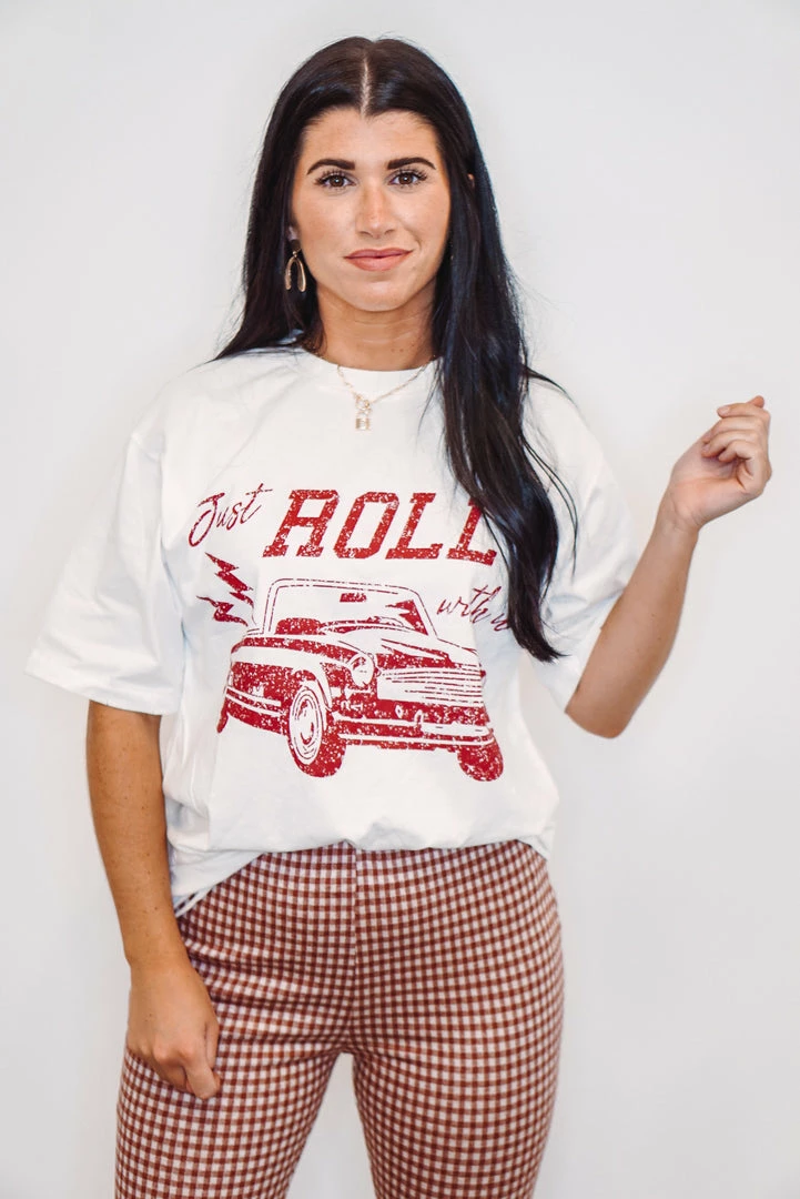 Purple Door Boutique Ladies' Just Roll Oversized Distressed Ivory Graphic Tee 2 Purple Door Boutique Ladies' Just Roll Oversized Distressed Ivory Graphic Tee