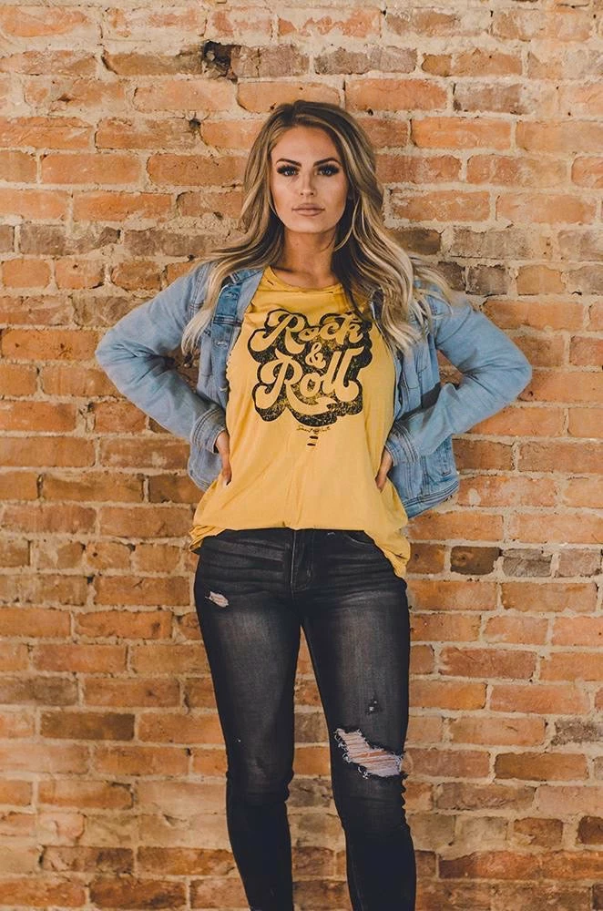 Purple Door Boutique Rock And Roll Distressed Mustard Tee 1 Purple Door Boutique Rock And Roll Distressed Mustard Tee