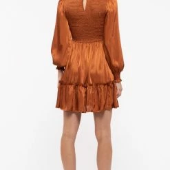 Purple Door Boutique Rust Sunset Smocked Satin Dress