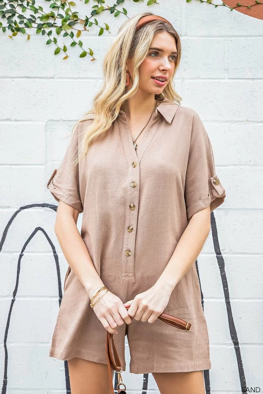 Purple Door Boutique Button Down Romper In Sand Ladies' 3 Purple Door Boutique Button Down Romper In Sand Ladies'