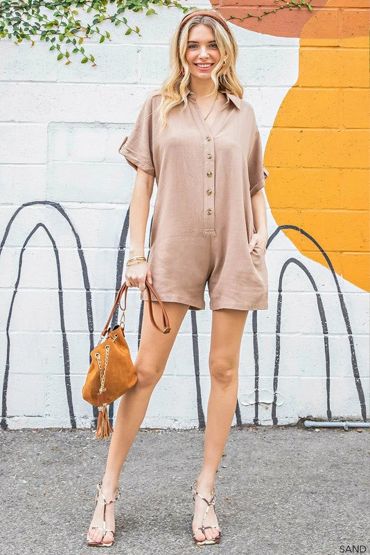 Purple Door Boutique Button Down Romper In Sand Ladies' 2 Purple Door Boutique Button Down Romper In Sand Ladies'